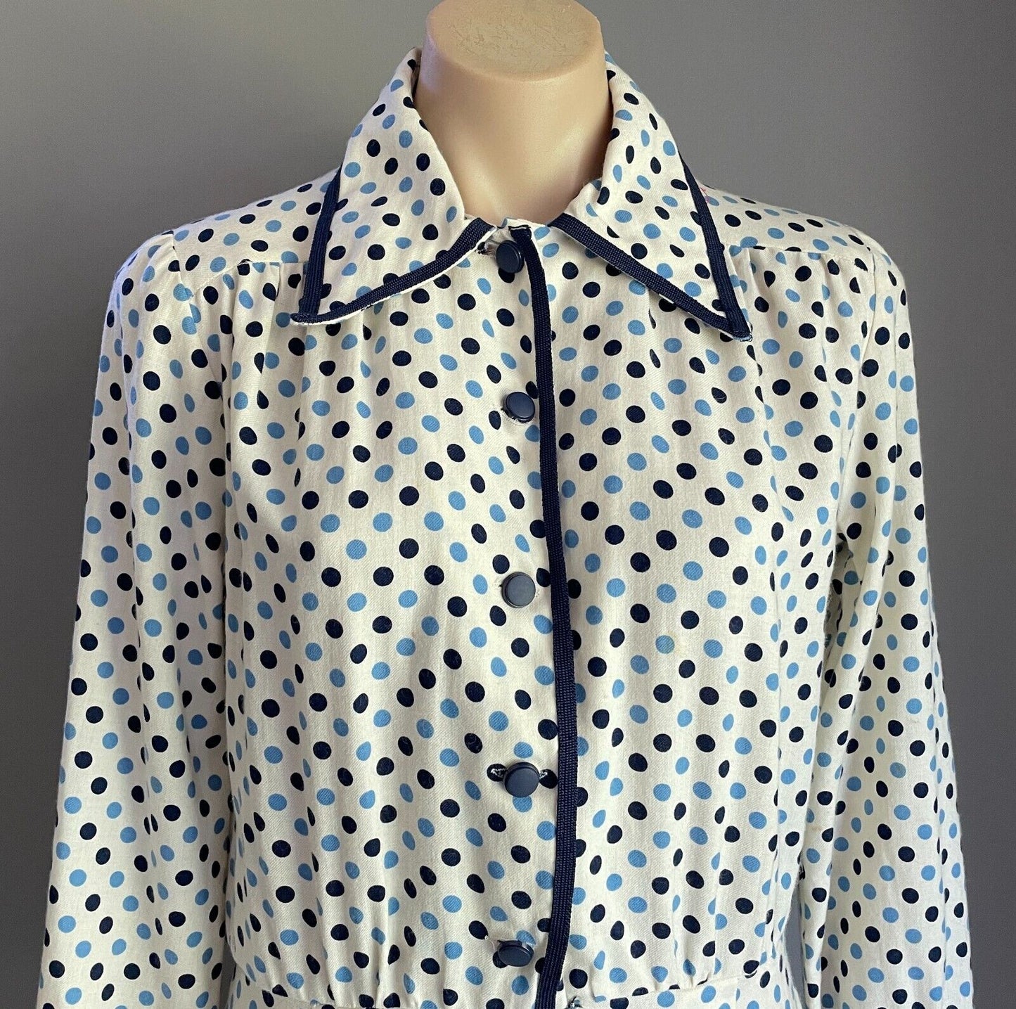 PARK LANE Viyella Dress White Blue Polka Dot Long Sleeve Sheath Size 14 Vintage