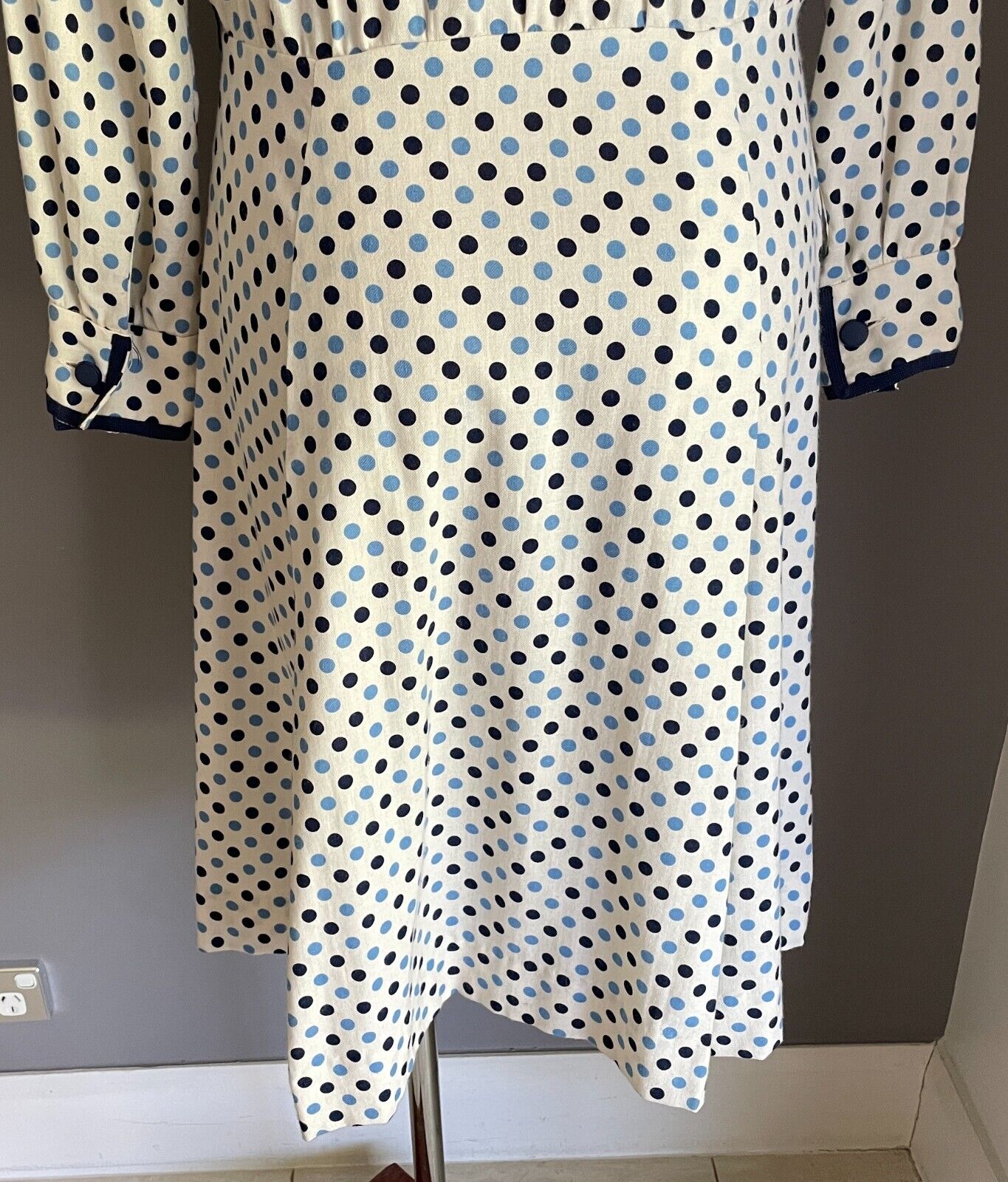 PARK LANE Viyella Dress White Blue Polka Dot Long Sleeve Sheath Size 14 Vintage