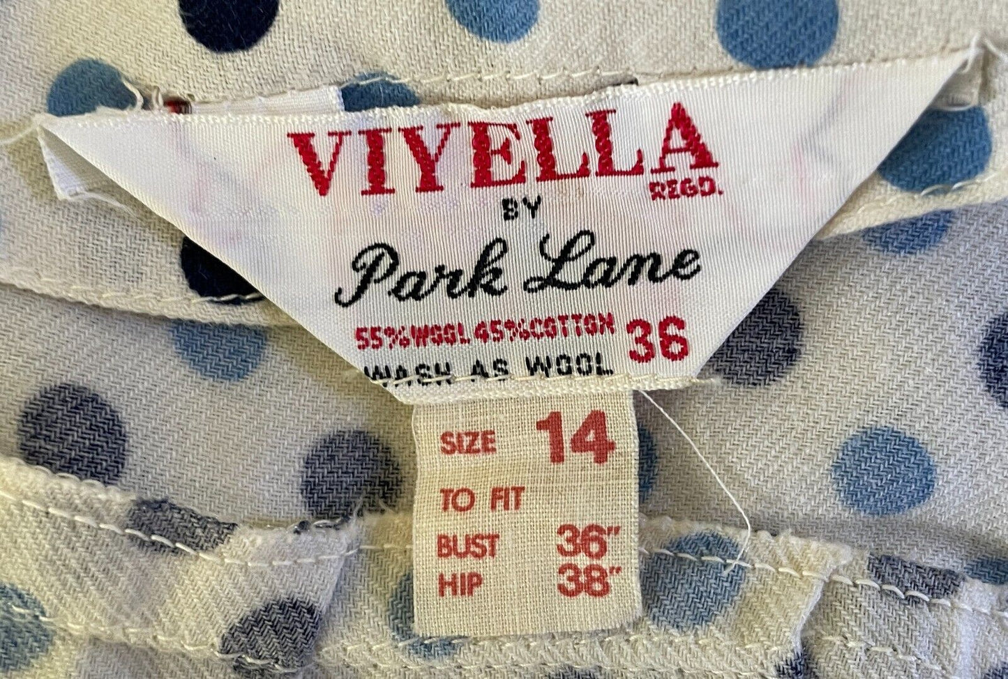 PARK LANE Viyella Dress White Blue Polka Dot Long Sleeve Sheath Size 14 Vintage