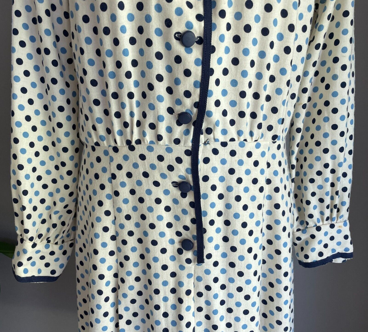 PARK LANE Viyella Dress White Blue Polka Dot Long Sleeve Sheath Size 14 Vintage