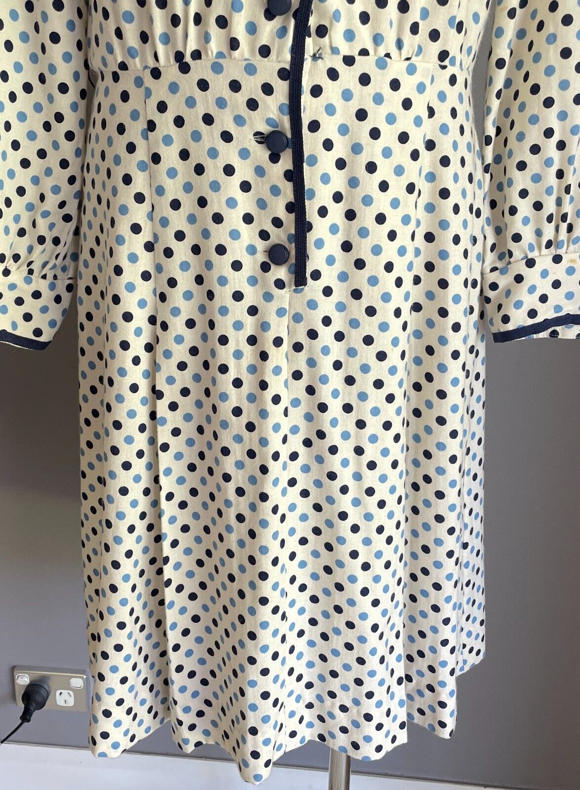 PARK LANE Viyella Dress White Blue Polka Dot Long Sleeve Sheath Size 14 Vintage