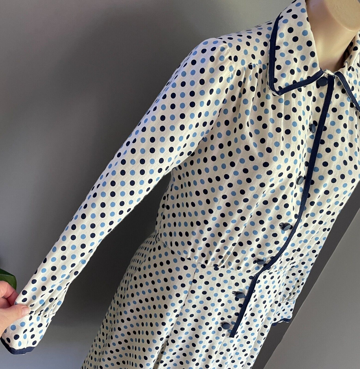 PARK LANE Viyella Dress White Blue Polka Dot Long Sleeve Sheath Size 14 Vintage