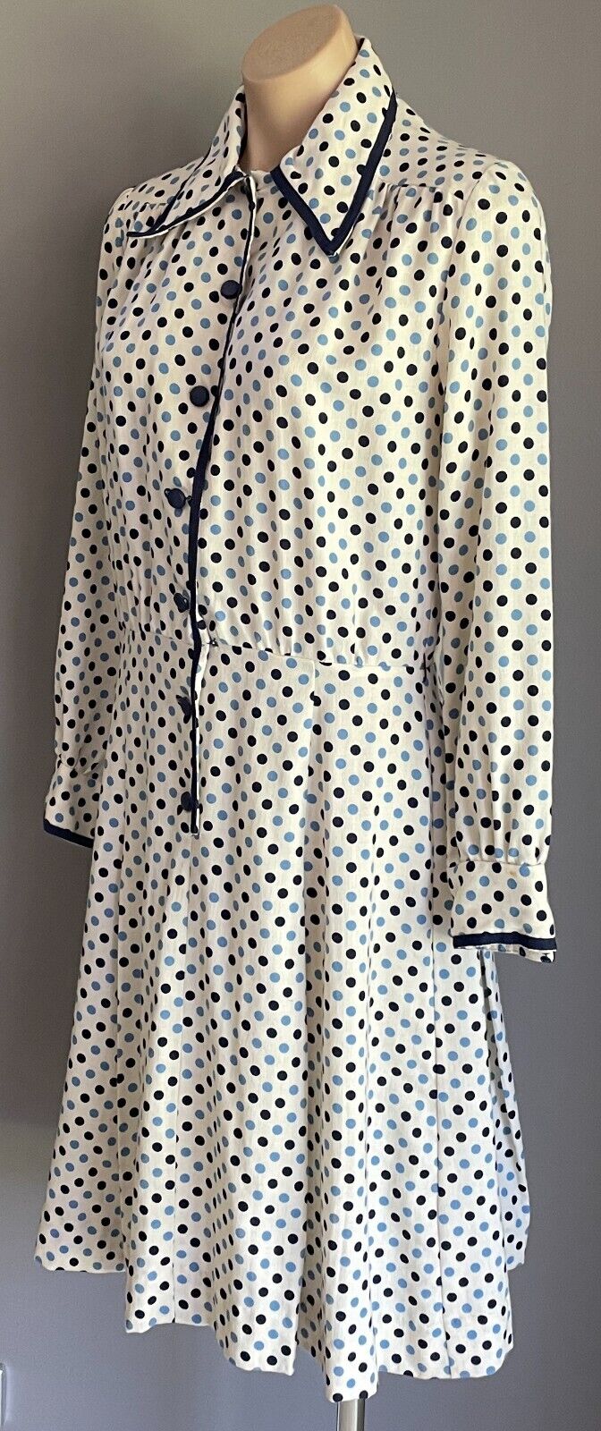 PARK LANE Viyella Dress White Blue Polka Dot Long Sleeve Sheath Size 14 Vintage
