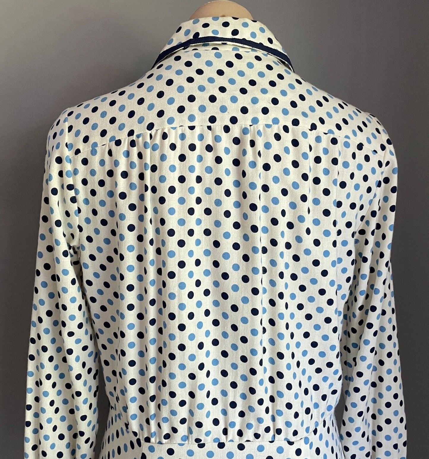 PARK LANE Viyella Dress White Blue Polka Dot Long Sleeve Sheath Size 14 Vintage