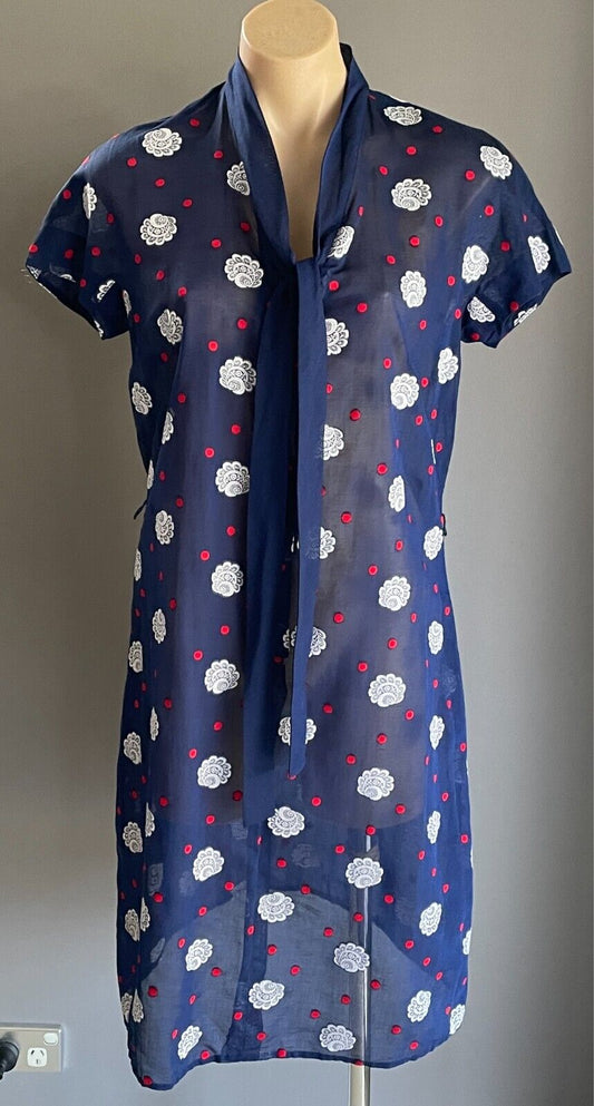 PARK LANE Dress Blue White Red Swiss Cotton Cap Sleeve Tie Neck Sheer Size 14