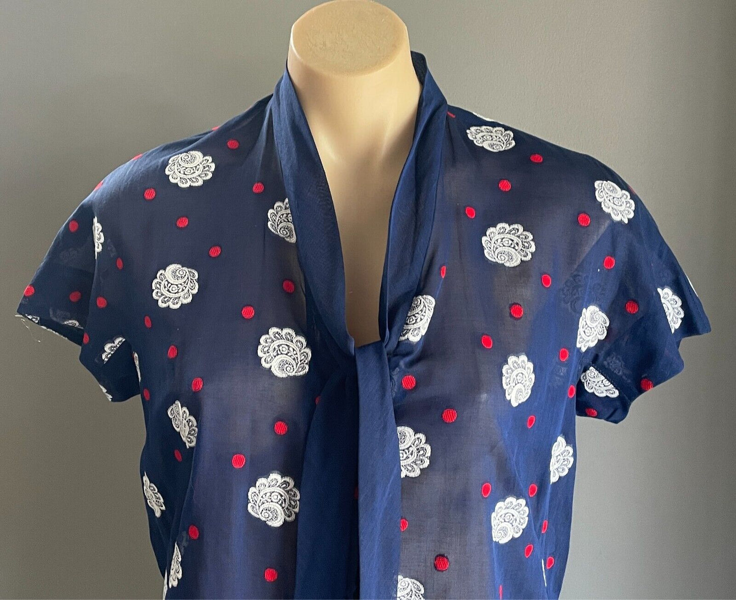 PARK LANE Dress Blue White Red Swiss Cotton Cap Sleeve Tie Neck Sheer Size 14