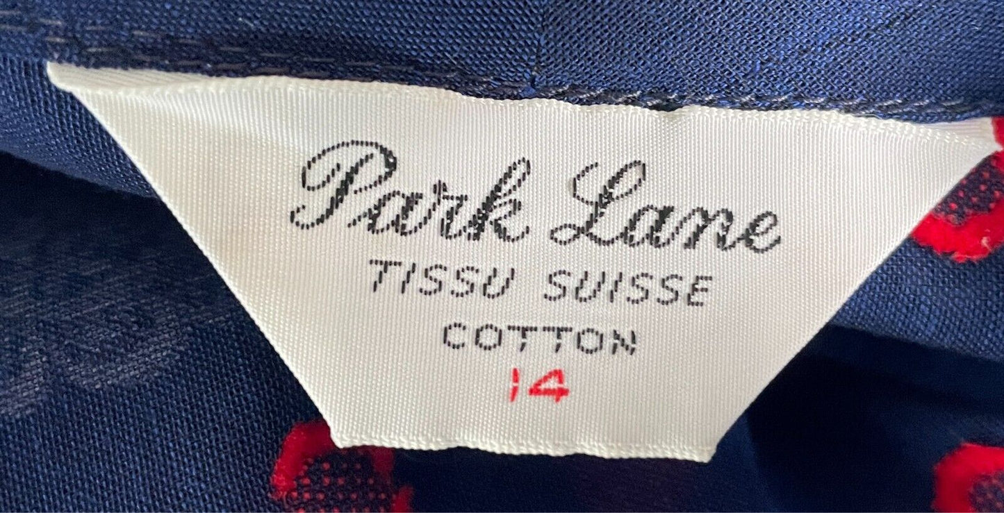 PARK LANE Dress Blue White Red Swiss Cotton Cap Sleeve Tie Neck Sheer Size 14