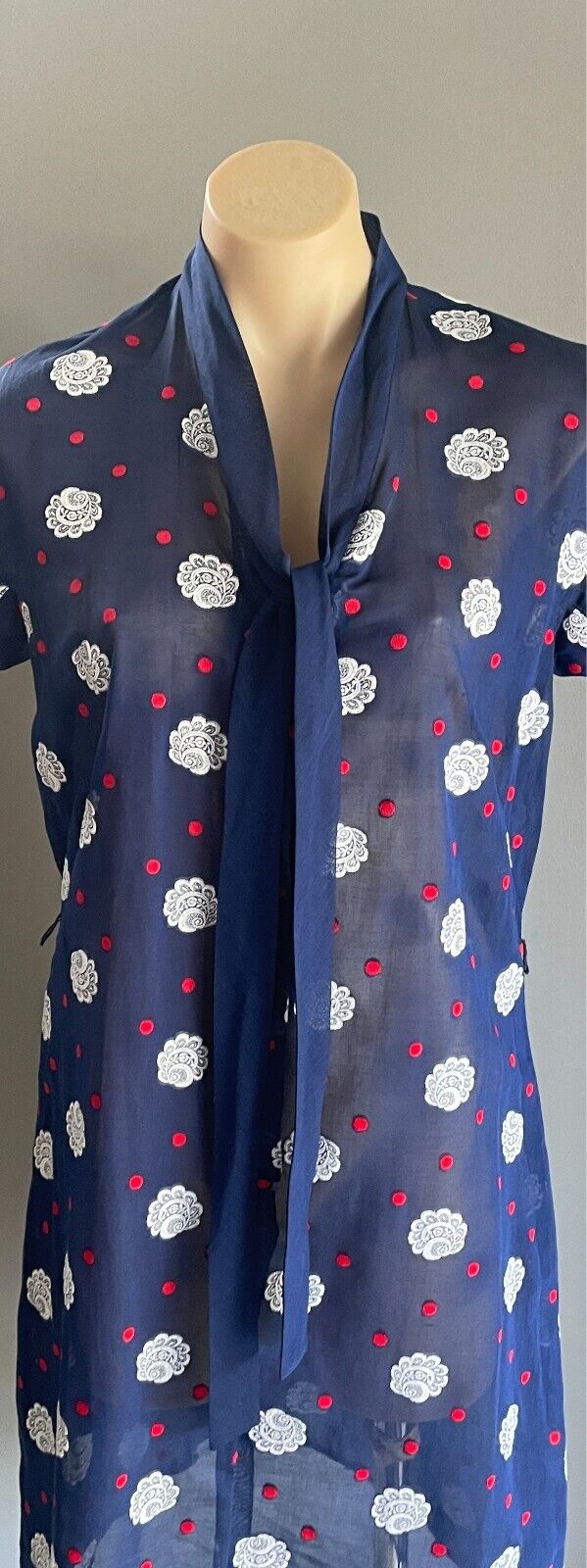 PARK LANE Dress Blue White Red Swiss Cotton Cap Sleeve Tie Neck Sheer Size 14