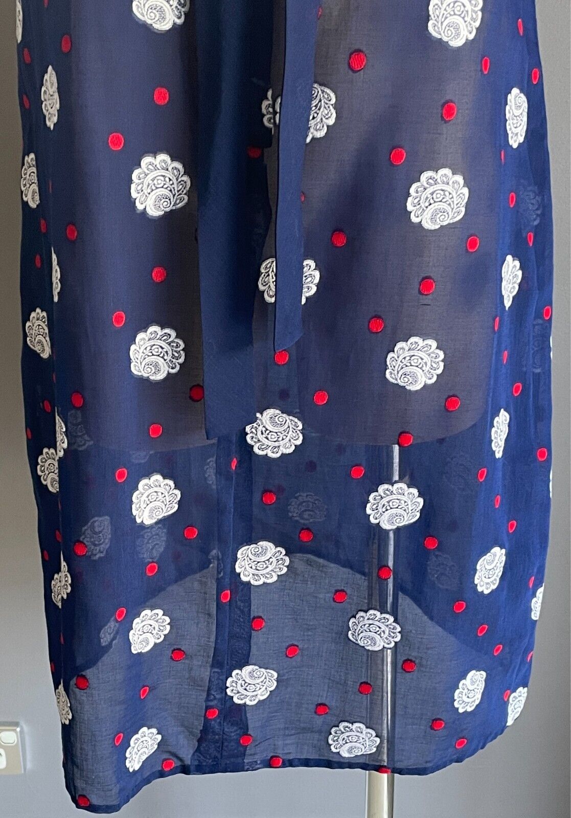 PARK LANE Dress Blue White Red Swiss Cotton Cap Sleeve Tie Neck Sheer Size 14