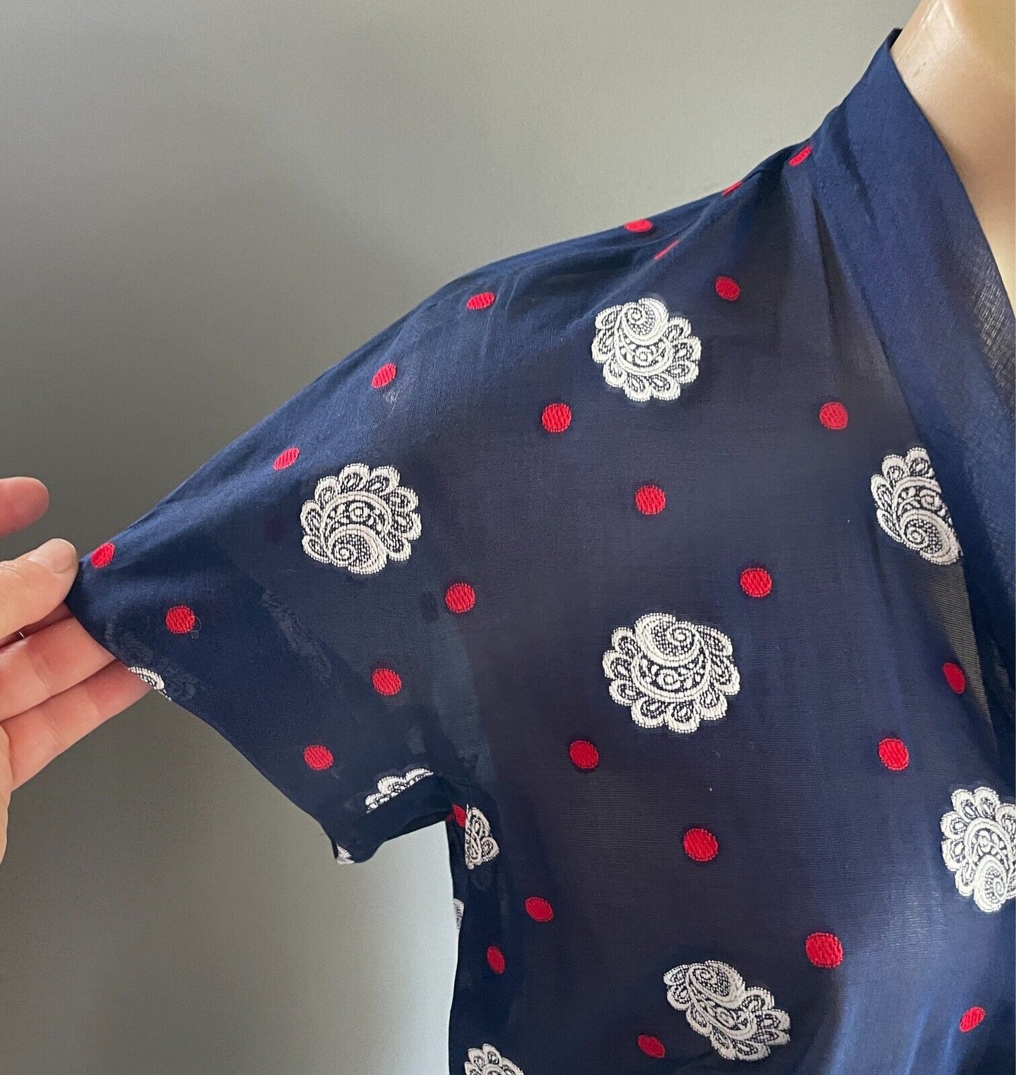 PARK LANE Dress Blue White Red Swiss Cotton Cap Sleeve Tie Neck Sheer Size 14