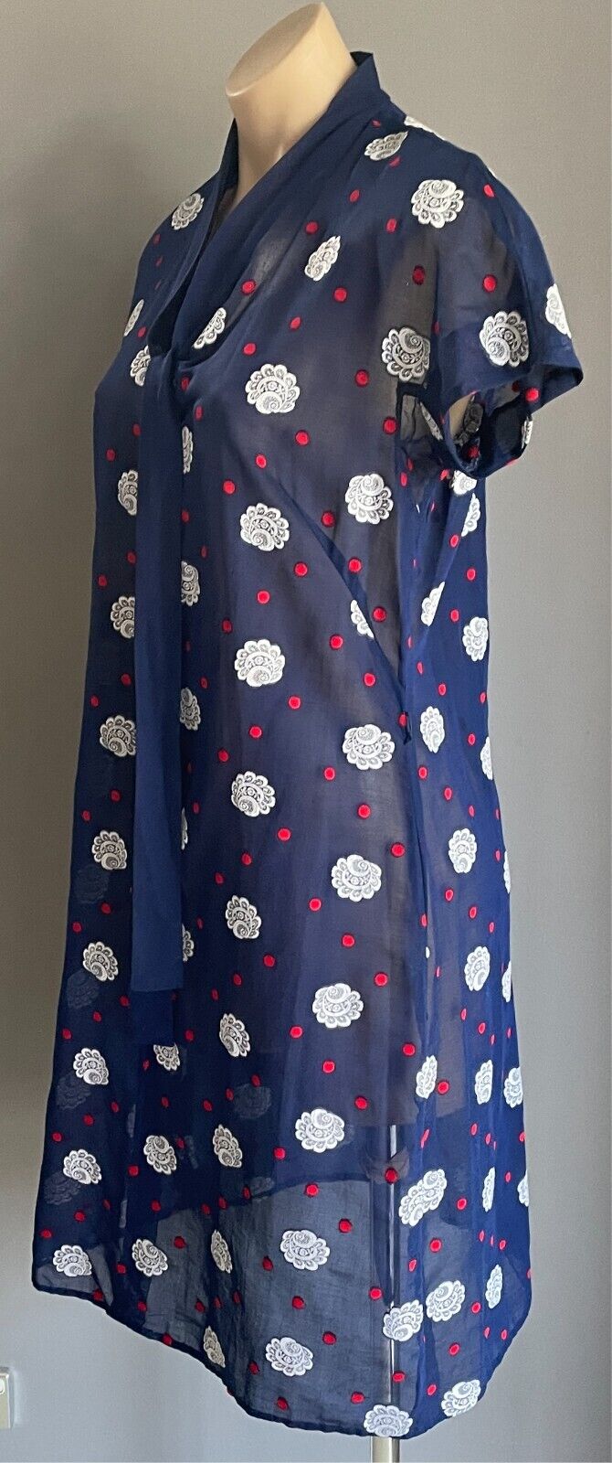 PARK LANE Dress Blue White Red Swiss Cotton Cap Sleeve Tie Neck Sheer Size 14