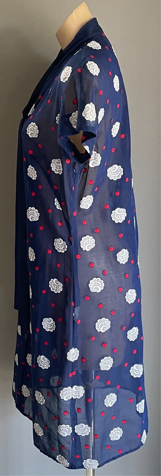 PARK LANE Dress Blue White Red Swiss Cotton Cap Sleeve Tie Neck Sheer Size 14
