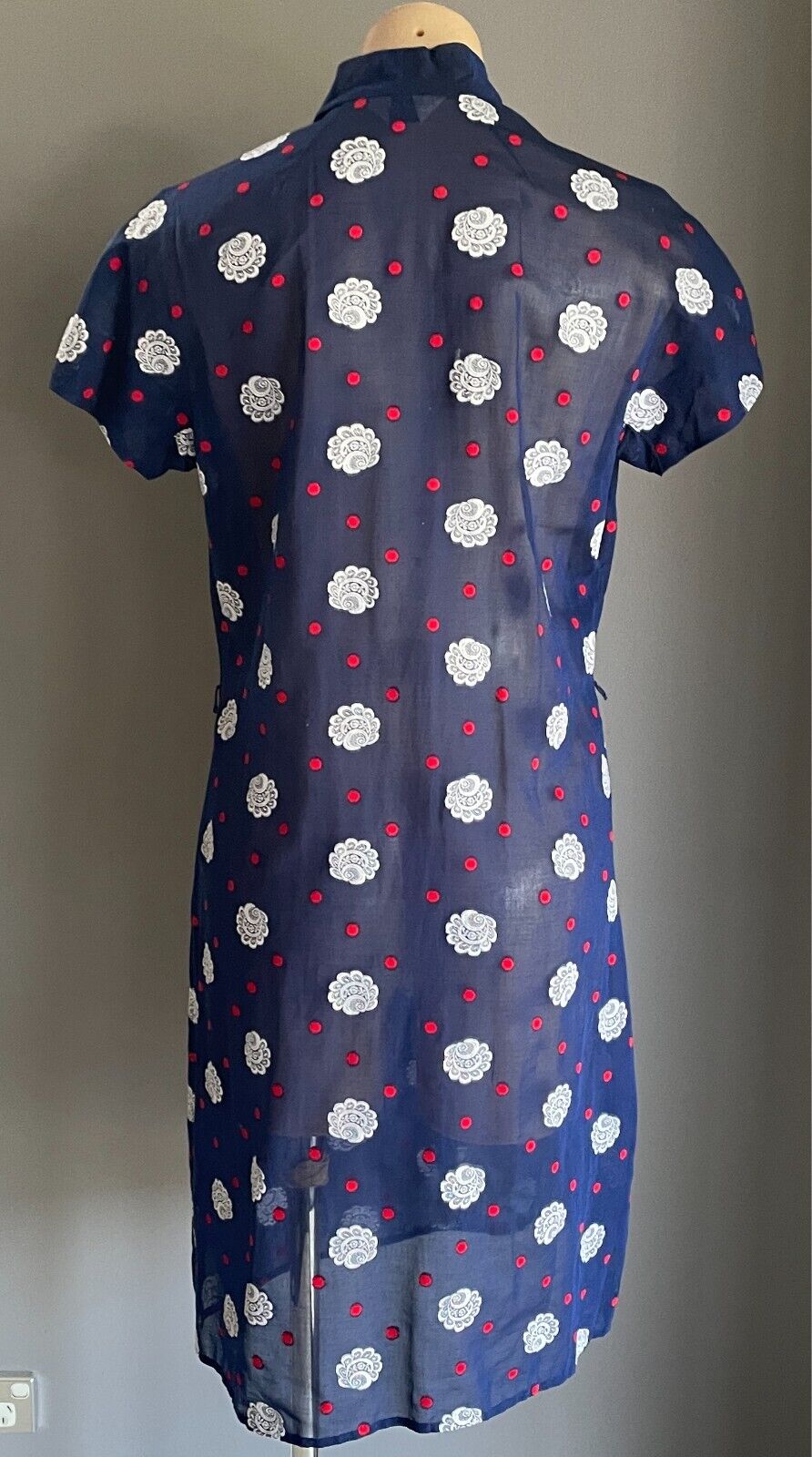 PARK LANE Dress Blue White Red Swiss Cotton Cap Sleeve Tie Neck Sheer Size 14