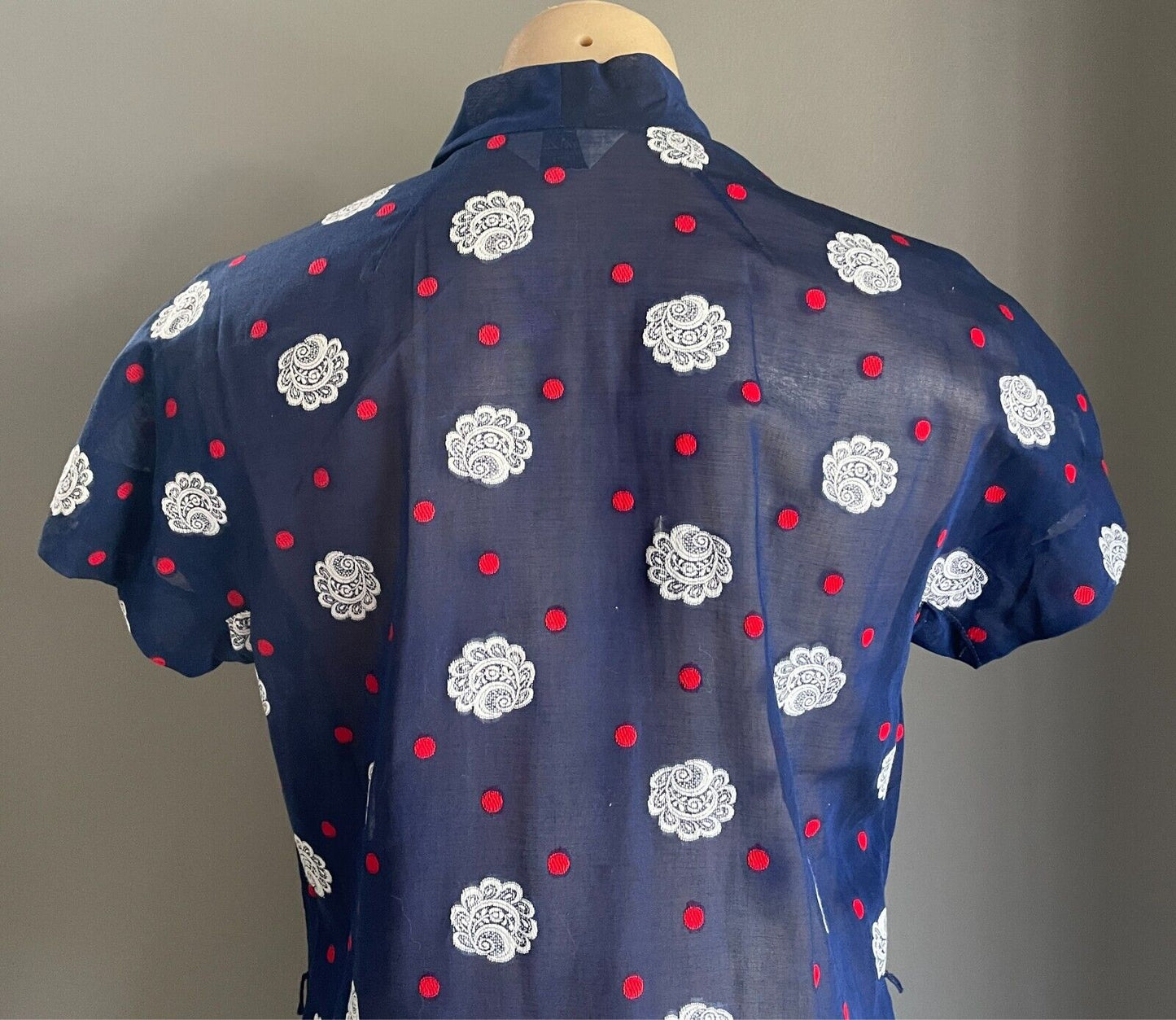 PARK LANE Dress Blue White Red Swiss Cotton Cap Sleeve Tie Neck Sheer Size 14