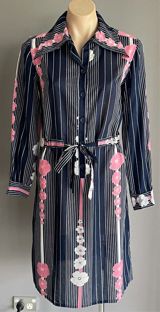 PARK LANE Dress Blue White Stripe Pink Floral Size 12 Drawstring Vintage Frock