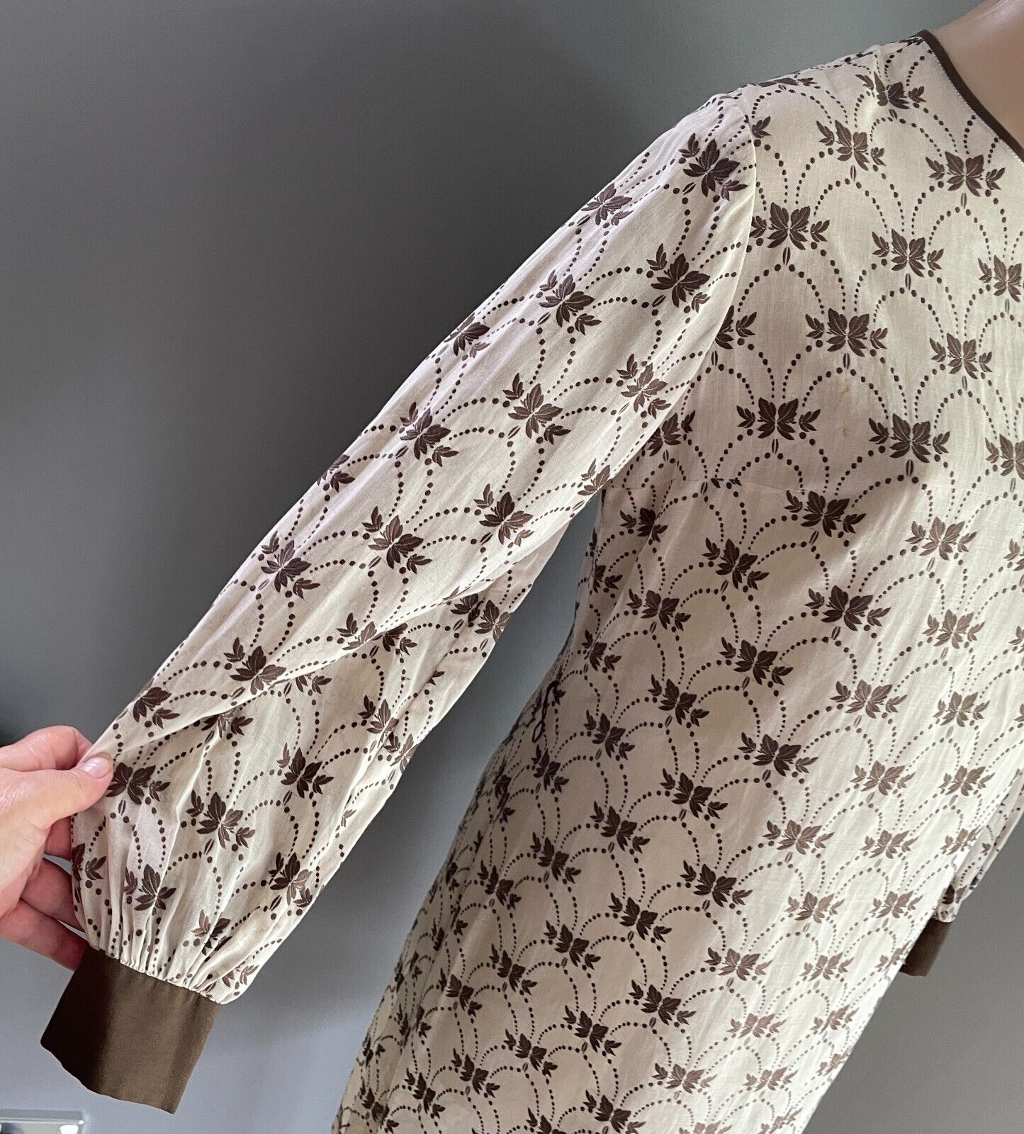 PARK LANE Dress Beige Brown Embroidery Semi Sheer Cotton Size 14 NOS Vintage