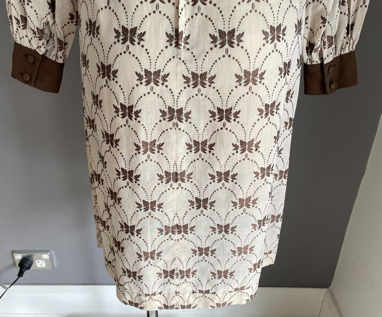 PARK LANE Dress Beige Brown Embroidery Semi Sheer Cotton Size 14 NOS Vintage
