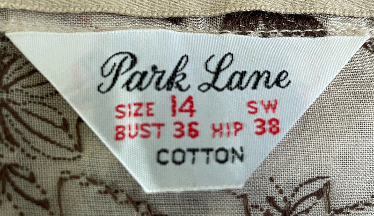 PARK LANE Dress Beige Brown Embroidery Semi Sheer Cotton Size 14 NOS Vintage