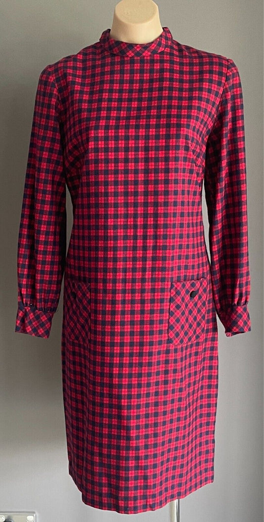 PARK LANE Red Navy Check Long Sleeve Shift Dress Size 12 SSW Wool Blend Vintage