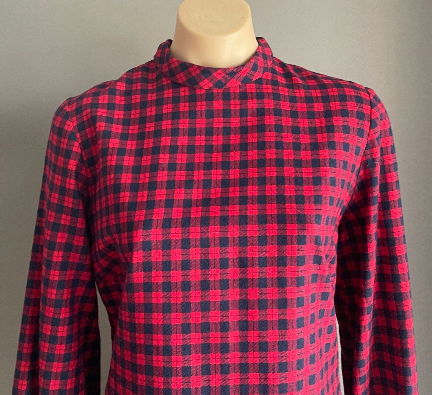 PARK LANE Red Navy Check Long Sleeve Shift Dress Size 12 SSW Wool Blend Vintage