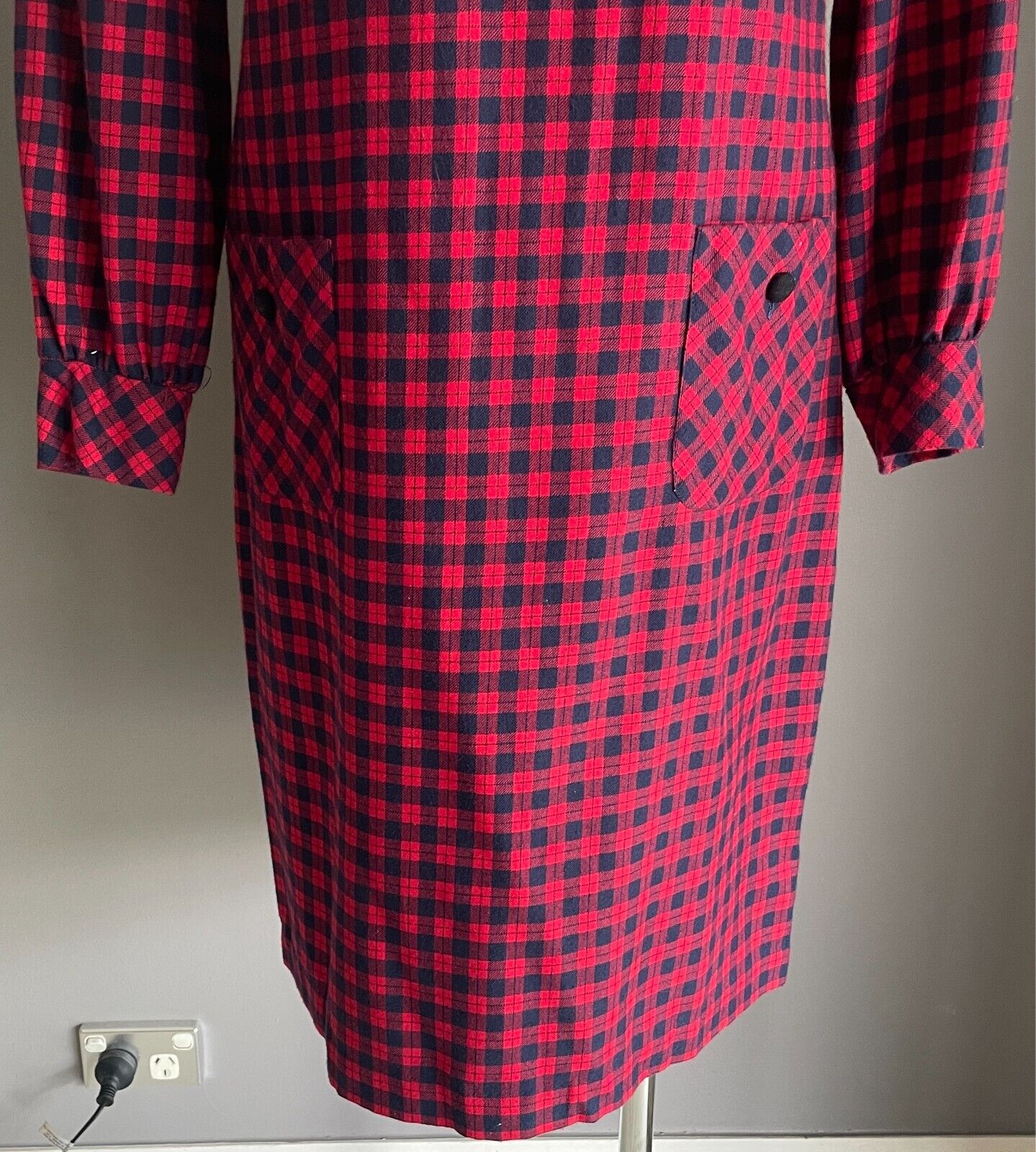 PARK LANE Red Navy Check Long Sleeve Shift Dress Size 12 SSW Wool Blend Vintage