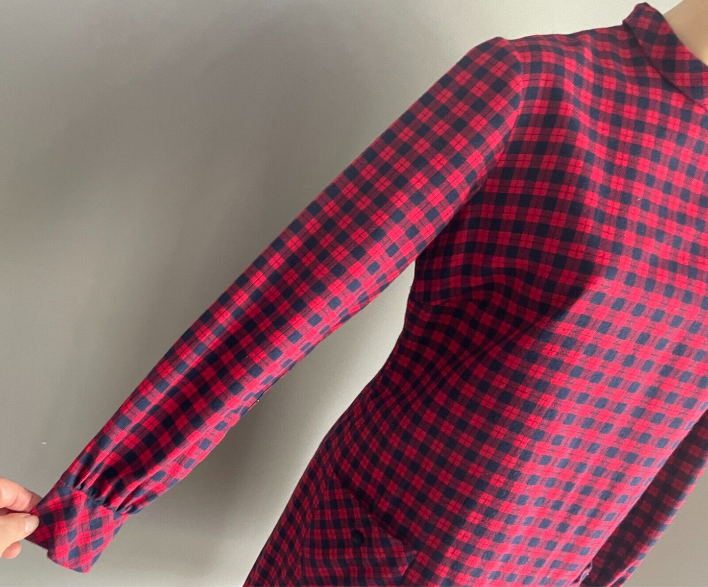 PARK LANE Red Navy Check Long Sleeve Shift Dress Size 12 SSW Wool Blend Vintage