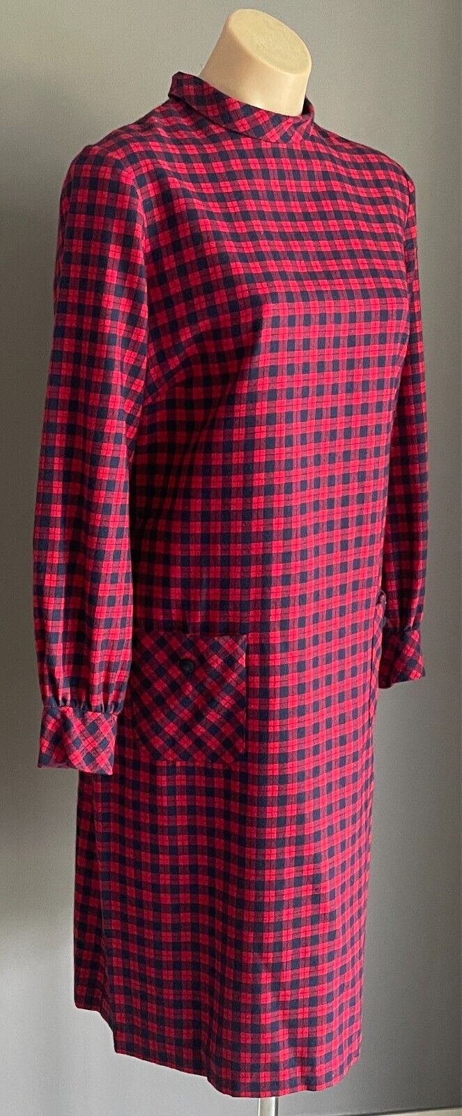 PARK LANE Red Navy Check Long Sleeve Shift Dress Size 12 SSW Wool Blend Vintage