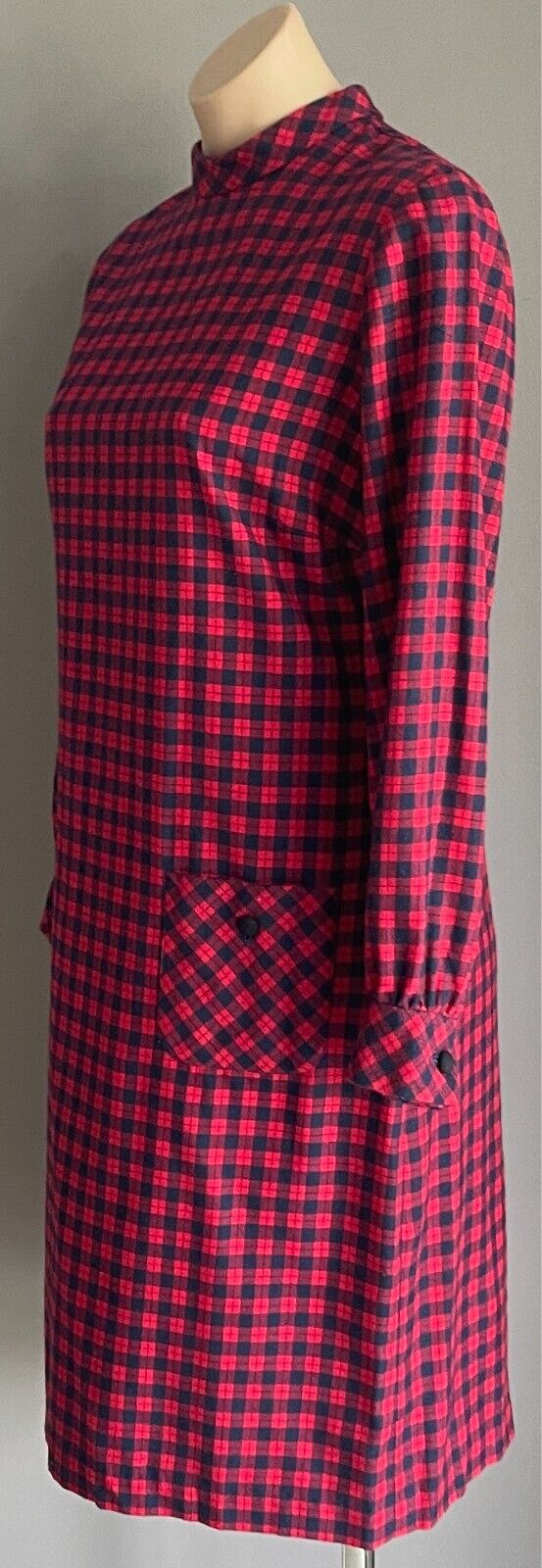 PARK LANE Red Navy Check Long Sleeve Shift Dress Size 12 SSW Wool Blend Vintage