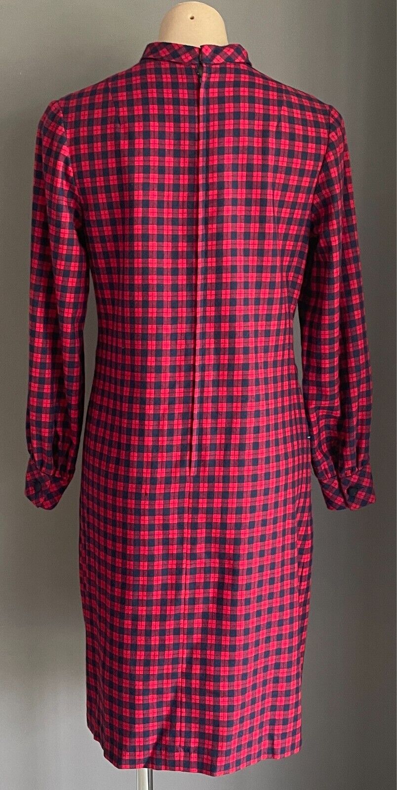 PARK LANE Red Navy Check Long Sleeve Shift Dress Size 12 SSW Wool Blend Vintage