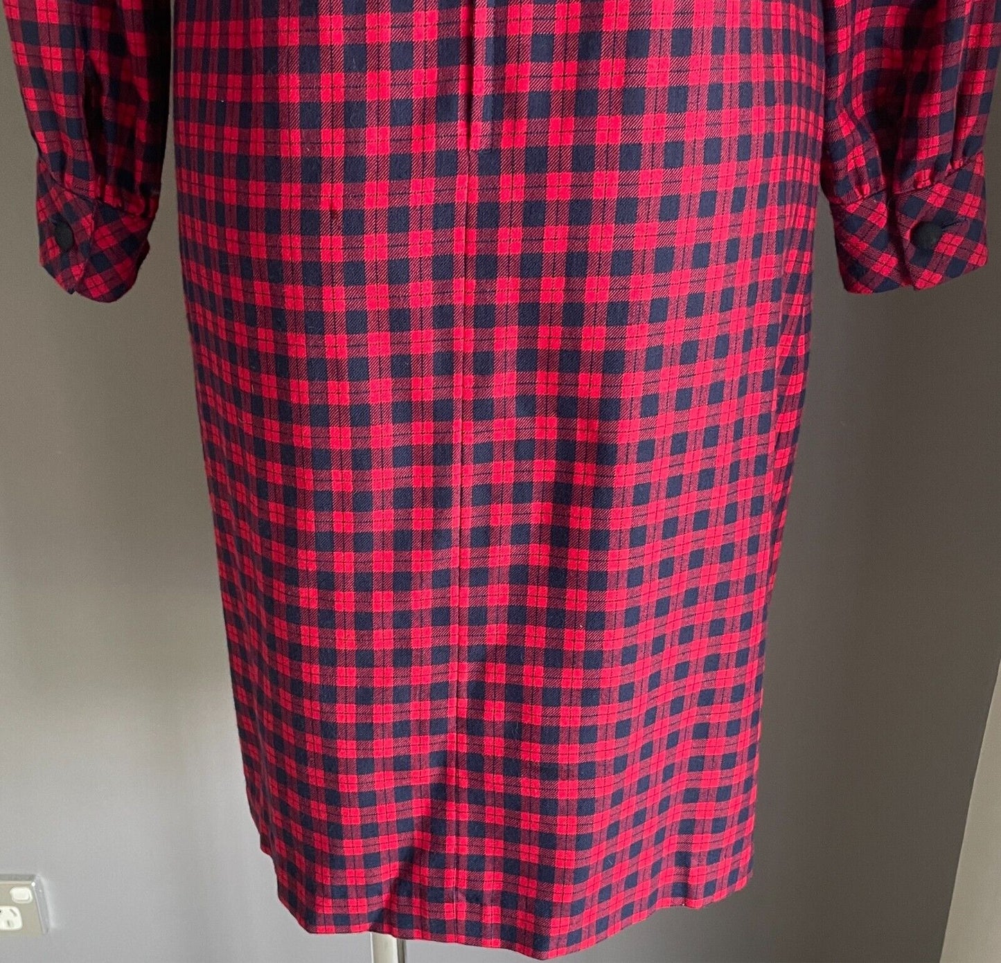 PARK LANE Red Navy Check Long Sleeve Shift Dress Size 12 SSW Wool Blend Vintage