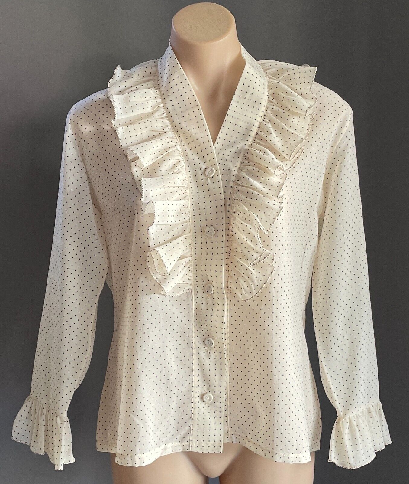 SUSAN PARSONS Ruffle Neck Blouse Cream Black Polka Dot Top Shirt Size 16 Vintage