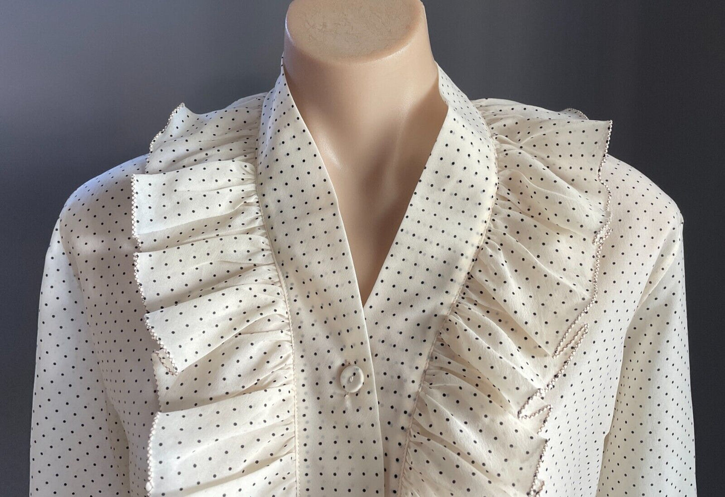 SUSAN PARSONS Ruffle Neck Blouse Cream Black Polka Dot Top Shirt Size 16 Vintage
