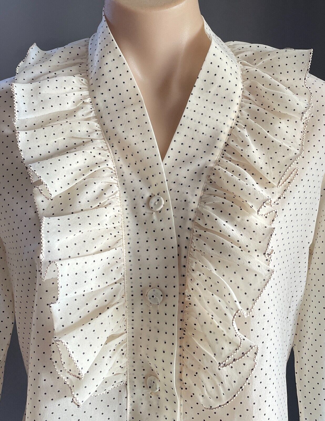 SUSAN PARSONS Ruffle Neck Blouse Cream Black Polka Dot Top Shirt Size 16 Vintage