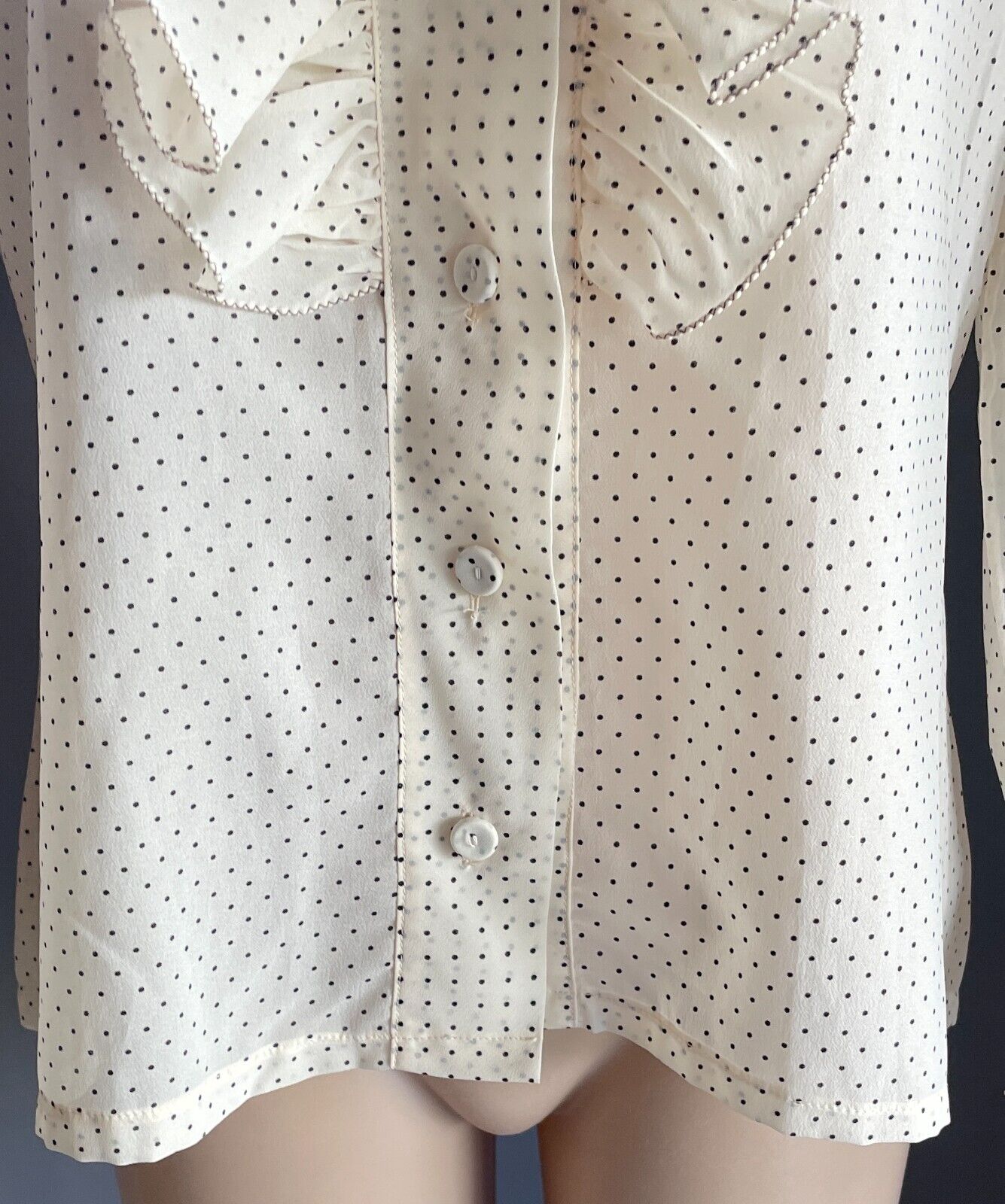 SUSAN PARSONS Ruffle Neck Blouse Cream Black Polka Dot Top Shirt Size 16 Vintage