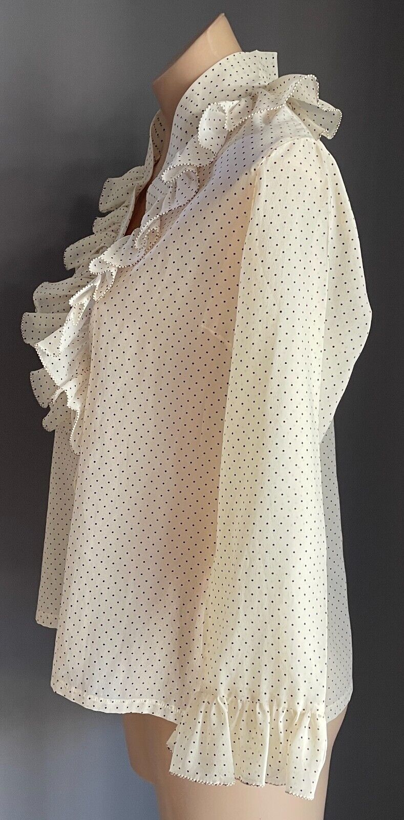 SUSAN PARSONS Ruffle Neck Blouse Cream Black Polka Dot Top Shirt Size 16 Vintage