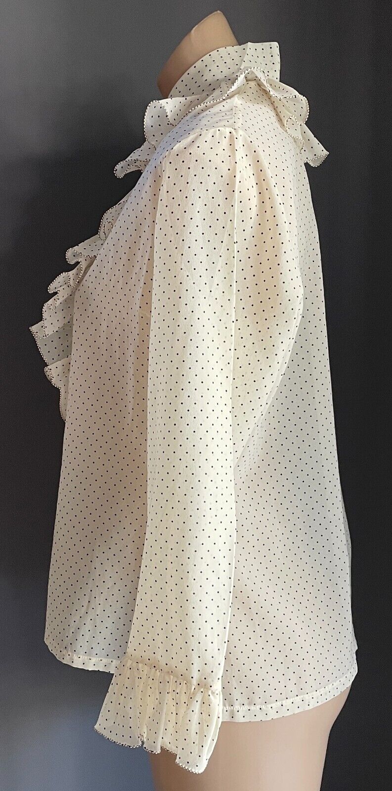 SUSAN PARSONS Ruffle Neck Blouse Cream Black Polka Dot Top Shirt Size 16 Vintage