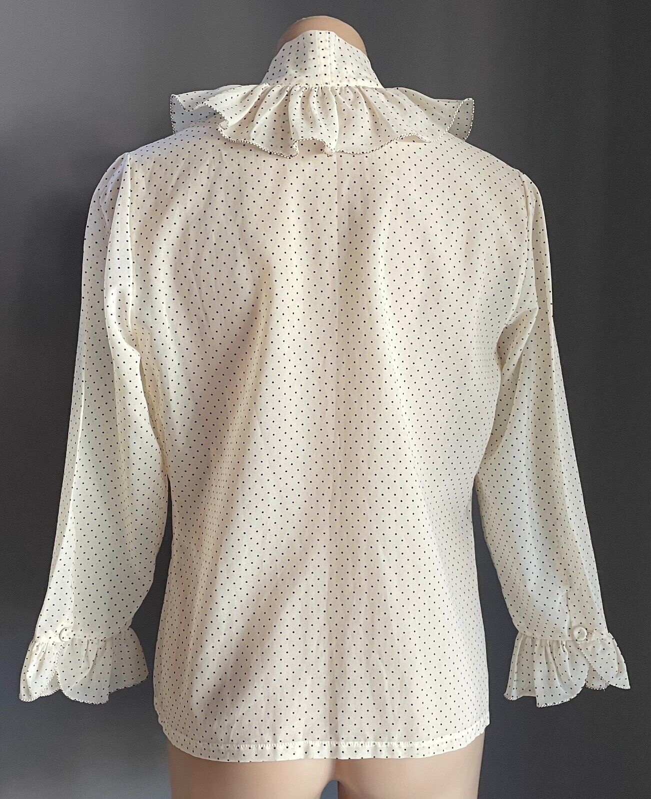SUSAN PARSONS Ruffle Neck Blouse Cream Black Polka Dot Top Shirt Size 16 Vintage