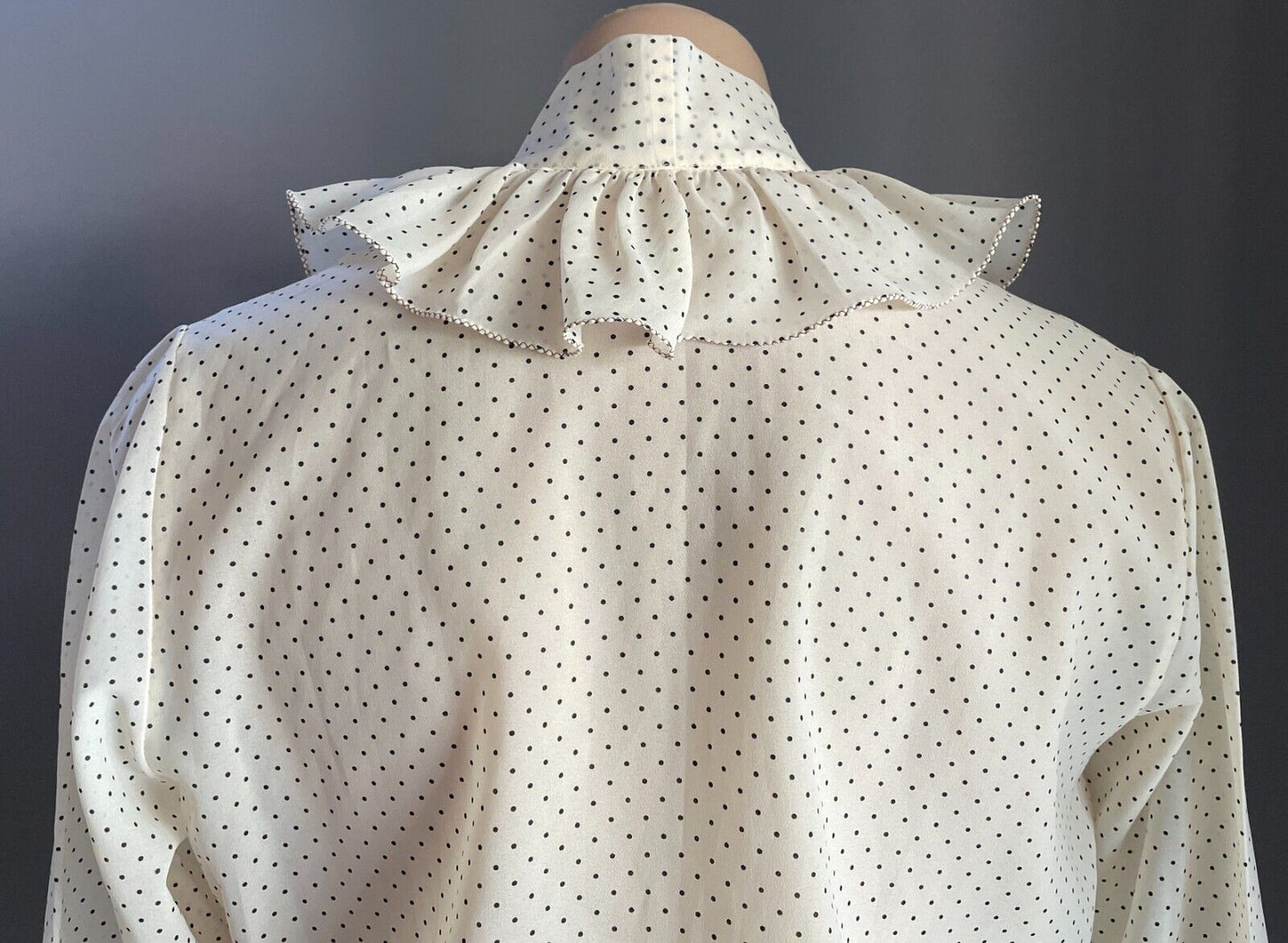 SUSAN PARSONS Ruffle Neck Blouse Cream Black Polka Dot Top Shirt Size 16 Vintage