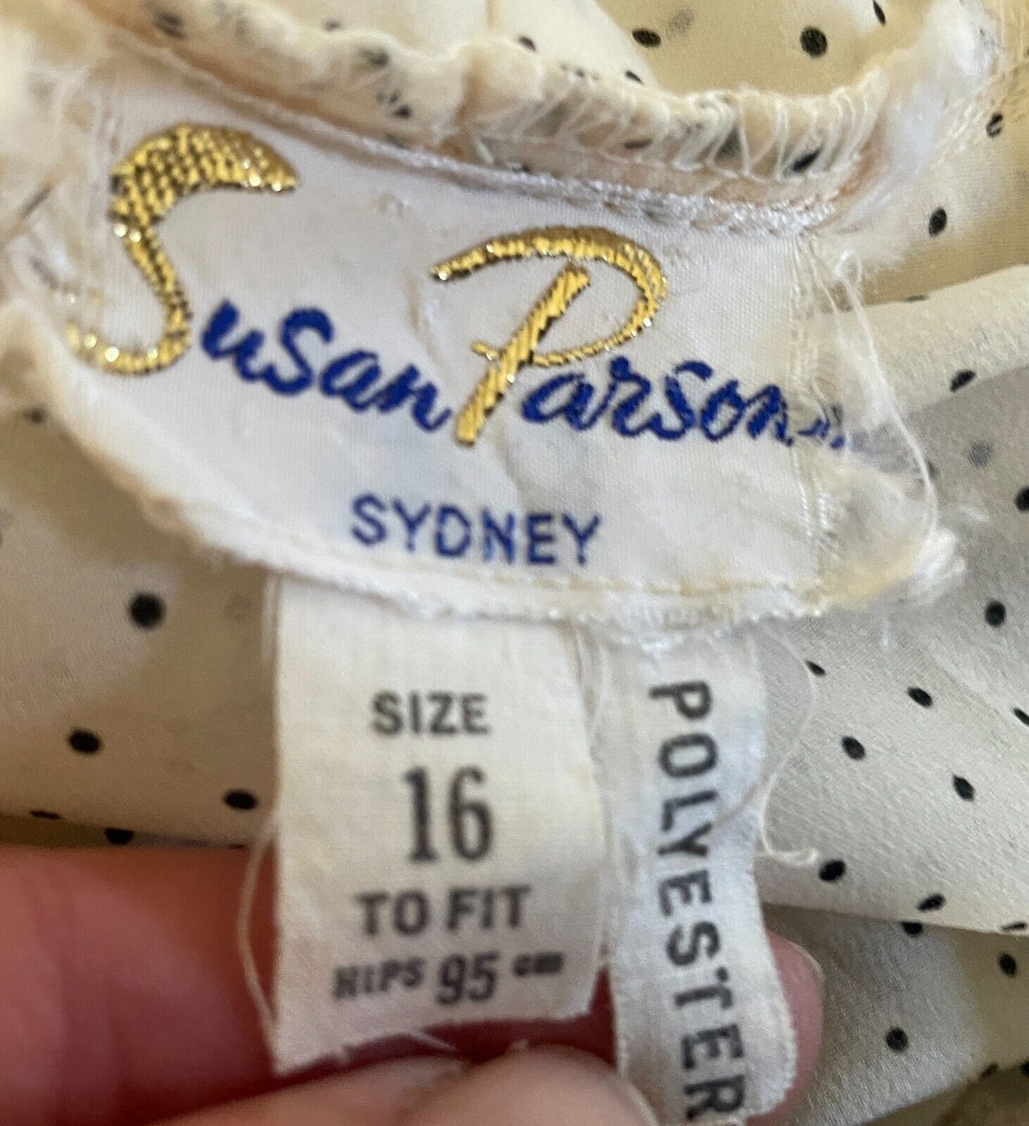 SUSAN PARSONS Ruffle Neck Blouse Cream Black Polka Dot Top Shirt Size 16 Vintage