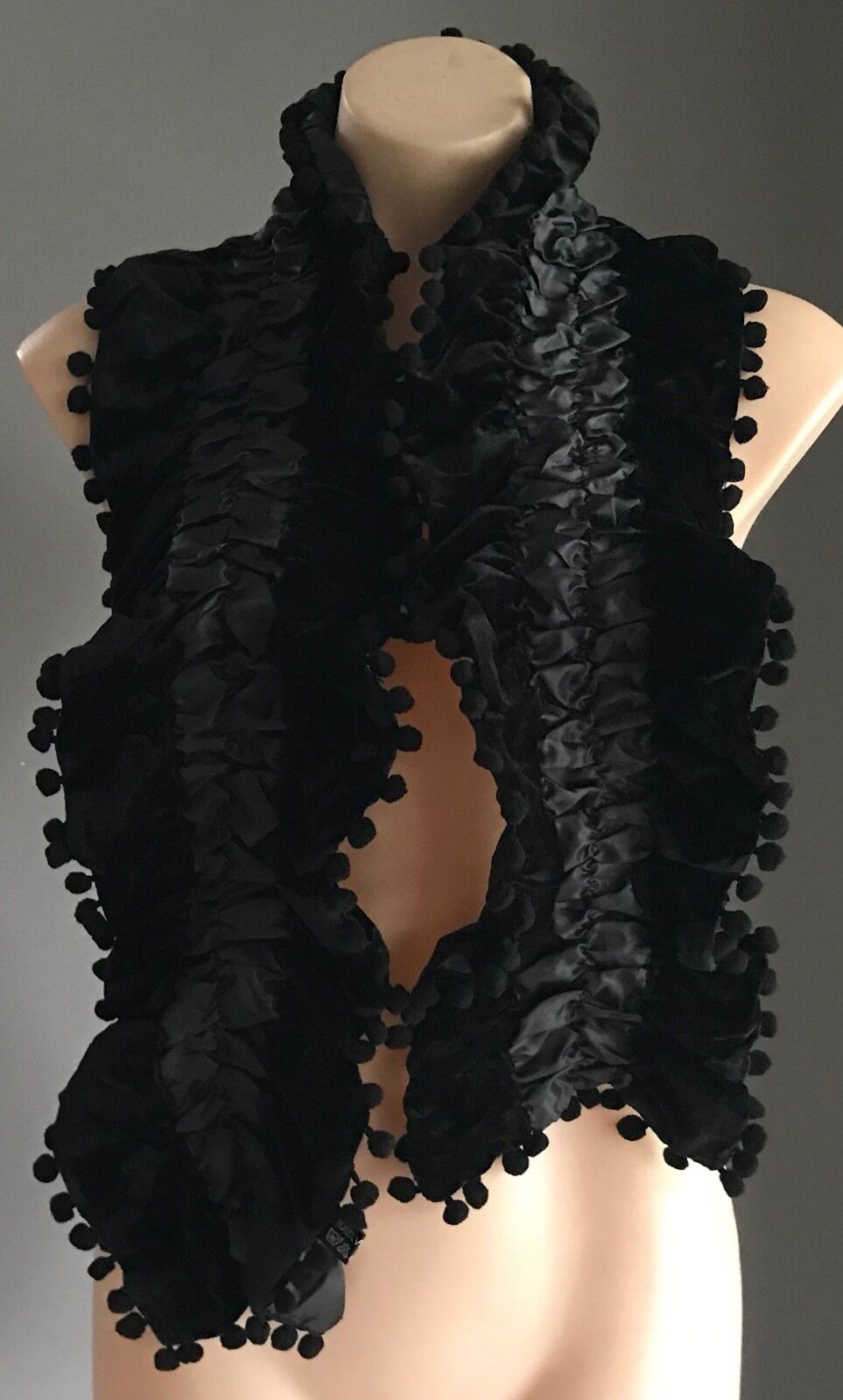 NECK SCARF Black Velour & Ruched Elastic Satin Scarf w Pom Pom Trim NEW Wrap