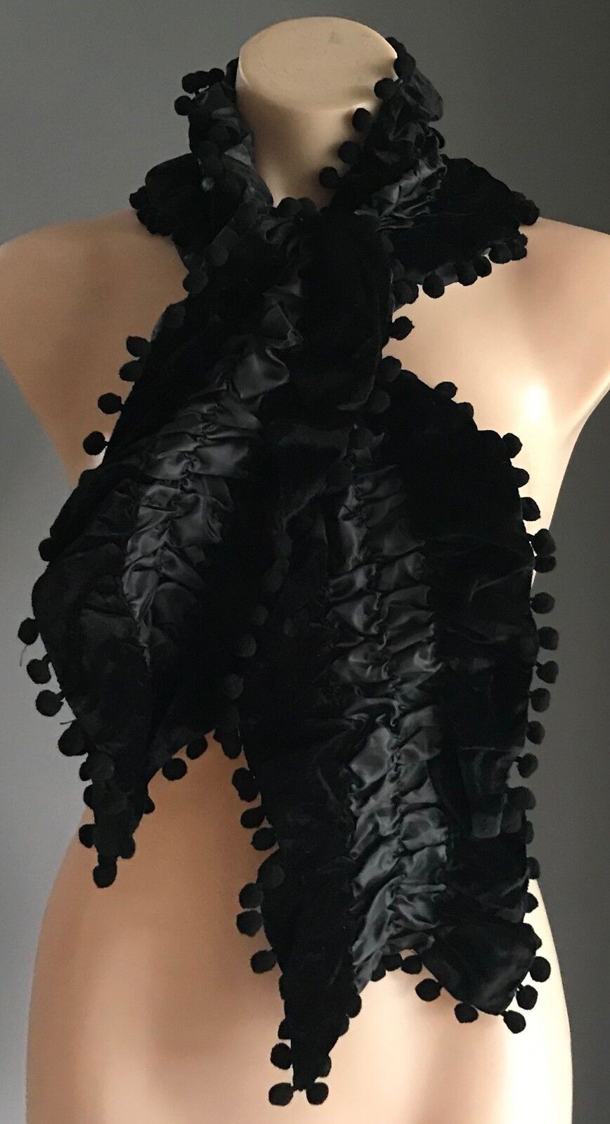 NECK SCARF Black Velour & Ruched Elastic Satin Scarf w Pom Pom Trim NEW Wrap