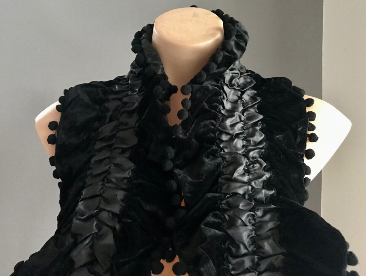 NECK SCARF Black Velour & Ruched Elastic Satin Scarf w Pom Pom Trim NEW Wrap