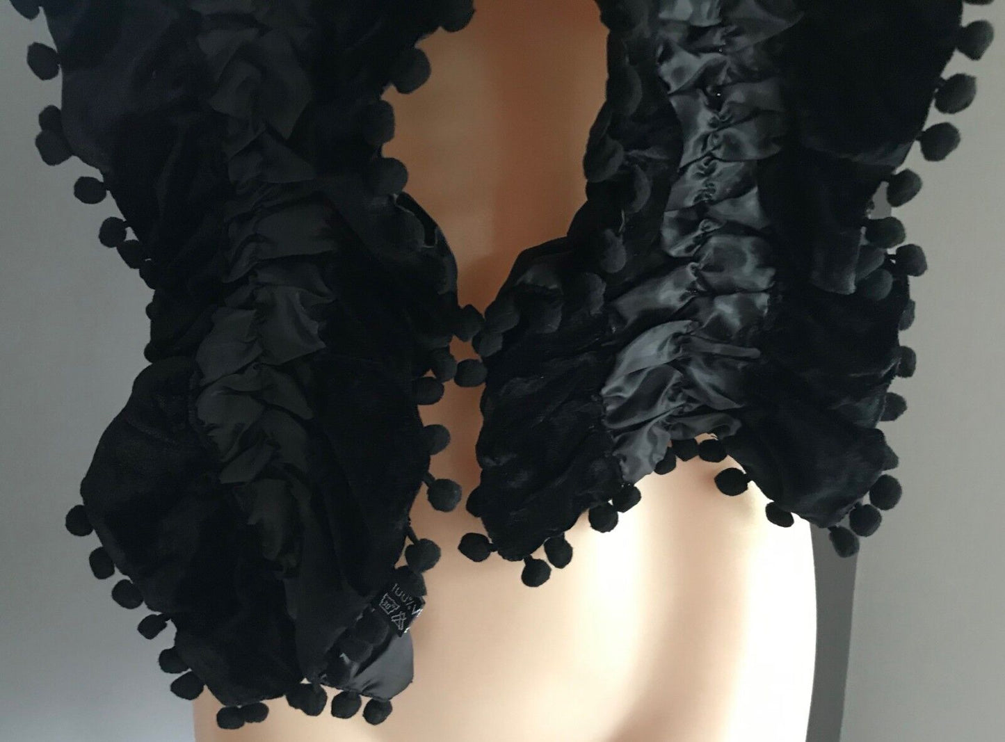 NECK SCARF Black Velour & Ruched Elastic Satin Scarf w Pom Pom Trim NEW Wrap