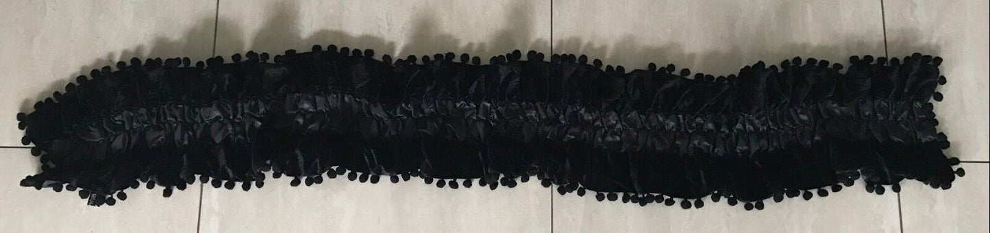 NECK SCARF Black Velour & Ruched Elastic Satin Scarf w Pom Pom Trim NEW Wrap