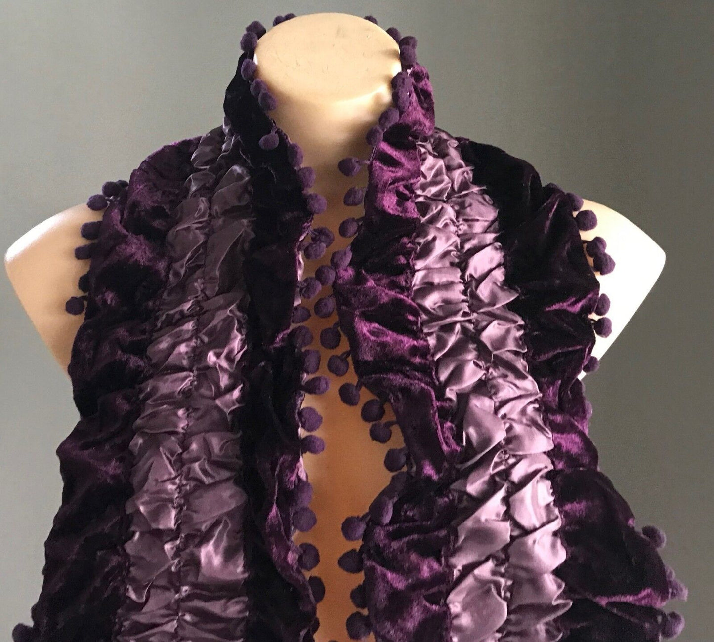 NECK SCARF Purple Velour & Ruched Elastic Satin Scarf w Pom Pom Trim NEW Wrap