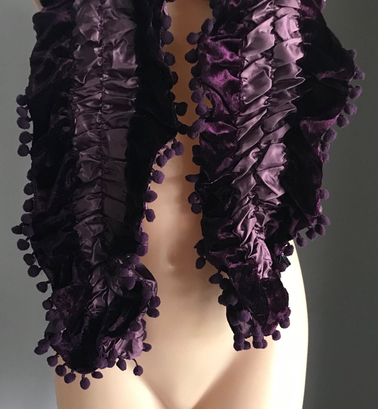 NECK SCARF Purple Velour & Ruched Elastic Satin Scarf w Pom Pom Trim NEW Wrap