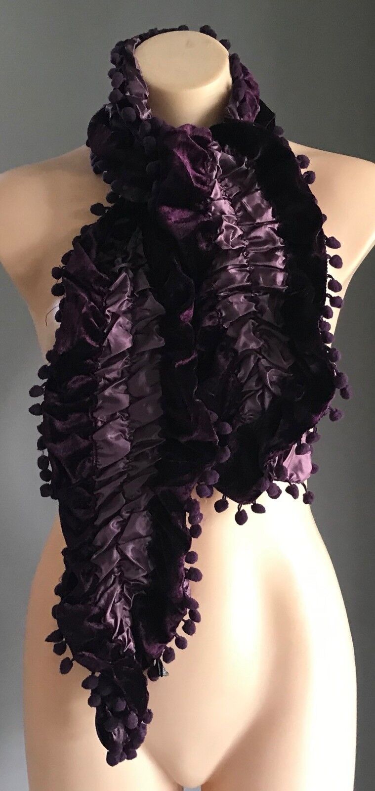 NECK SCARF Purple Velour & Ruched Elastic Satin Scarf w Pom Pom Trim NEW Wrap