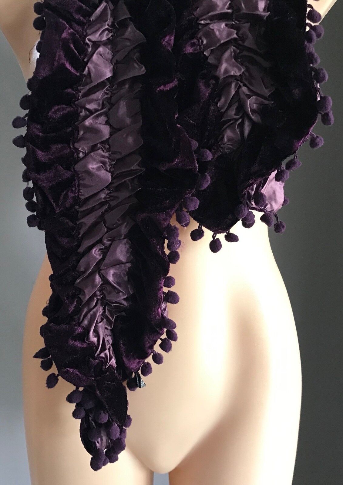 NECK SCARF Purple Velour & Ruched Elastic Satin Scarf w Pom Pom Trim NEW Wrap