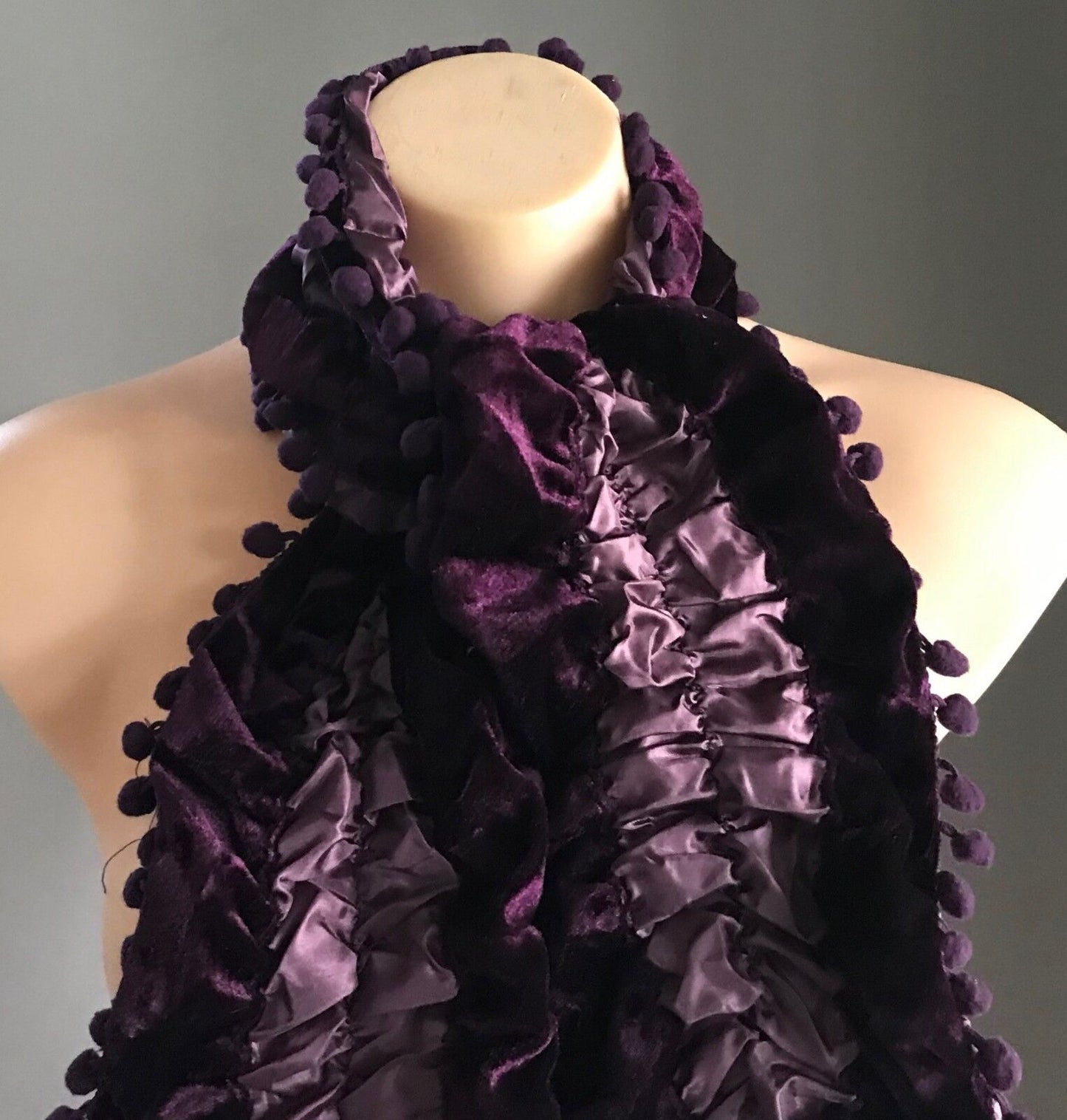 NECK SCARF Purple Velour & Ruched Elastic Satin Scarf w Pom Pom Trim NEW Wrap