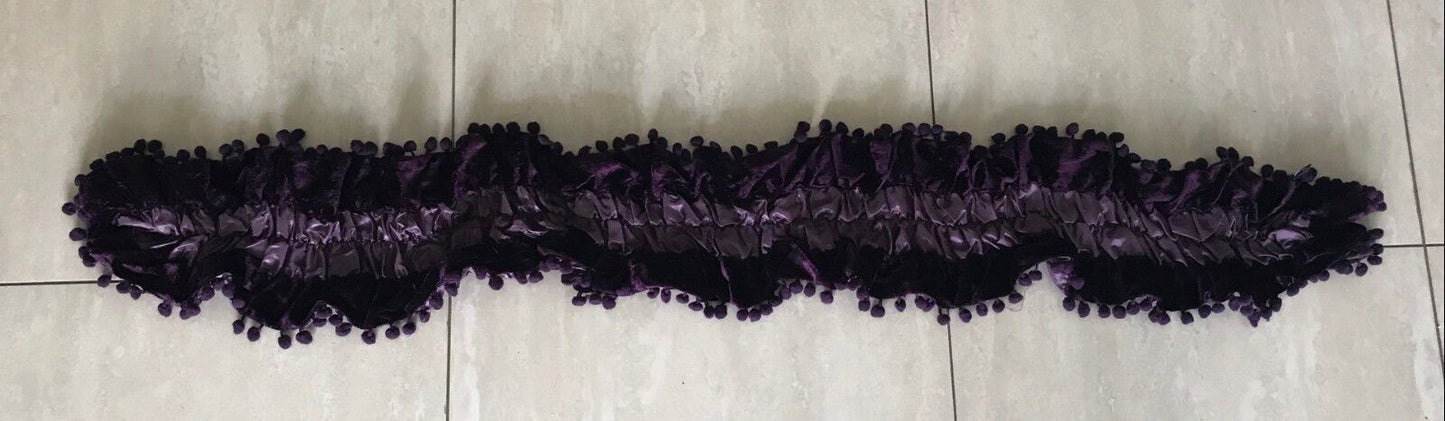NECK SCARF Purple Velour & Ruched Elastic Satin Scarf w Pom Pom Trim NEW Wrap